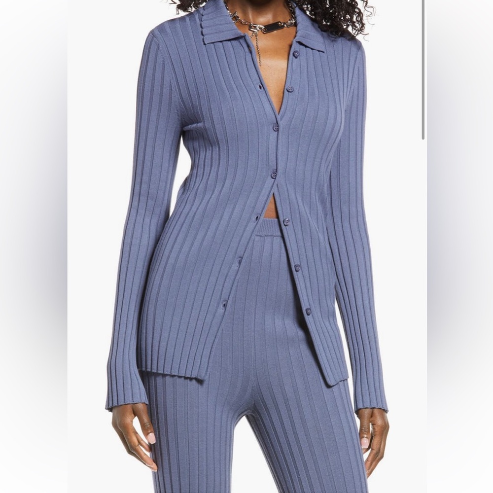 Ribbed Knit Cardigan and Pants Set in Blue